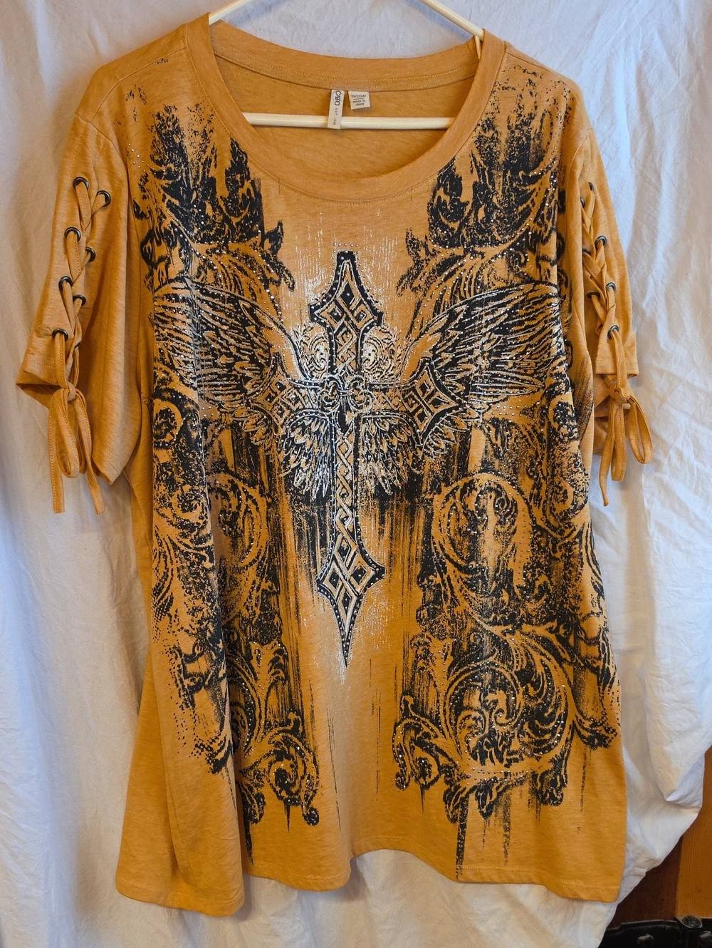 Cato Mustard Lace-Up Short Sleeve Graphic Tee with Winged Cross